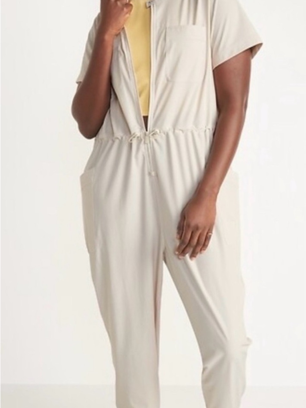 Old Navy Cream Short-Sleeve Drawstring Jumpsuit